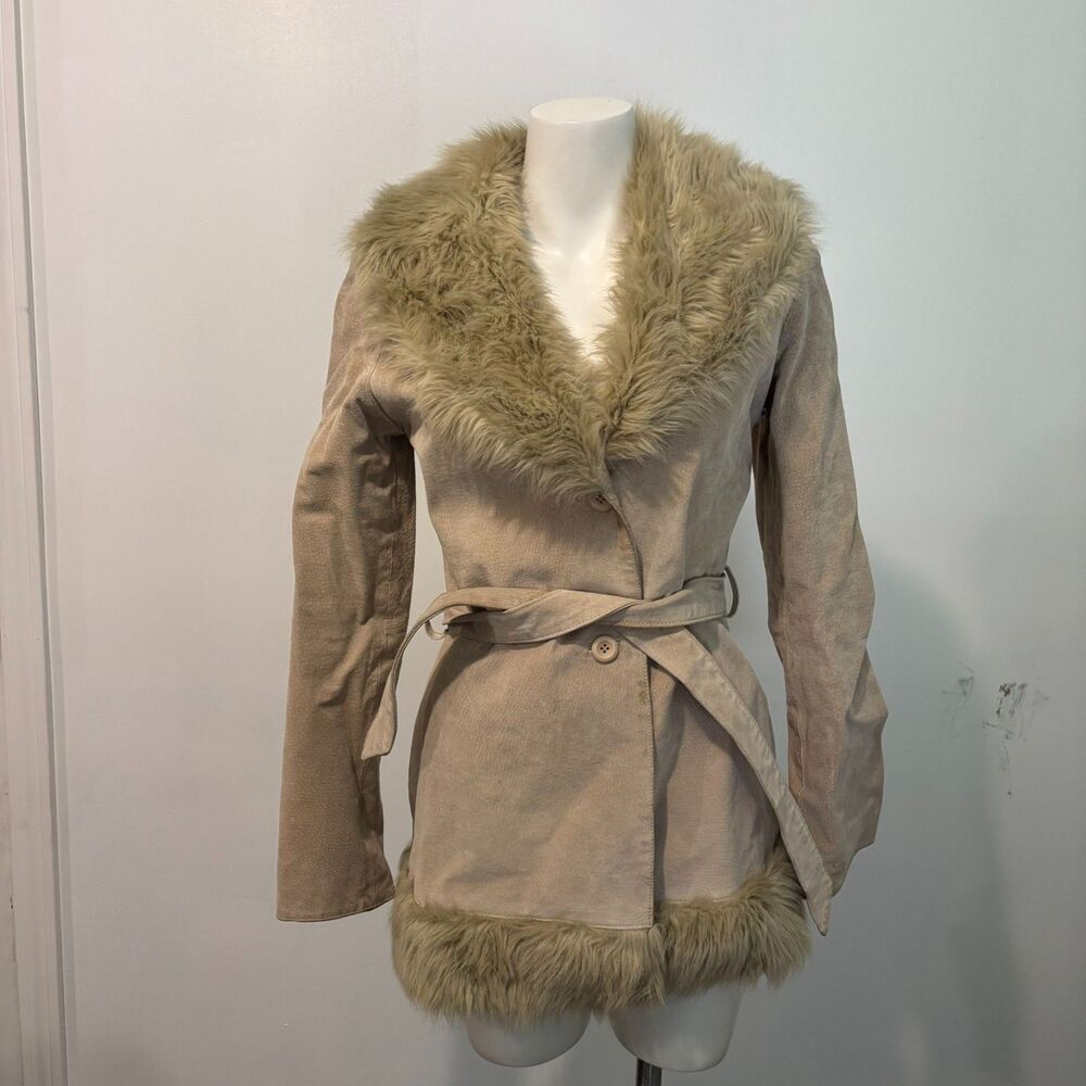 Charlotte Russe size Small 100% Leather Suede Faux Fur Accent Tie Front Y2K Coat